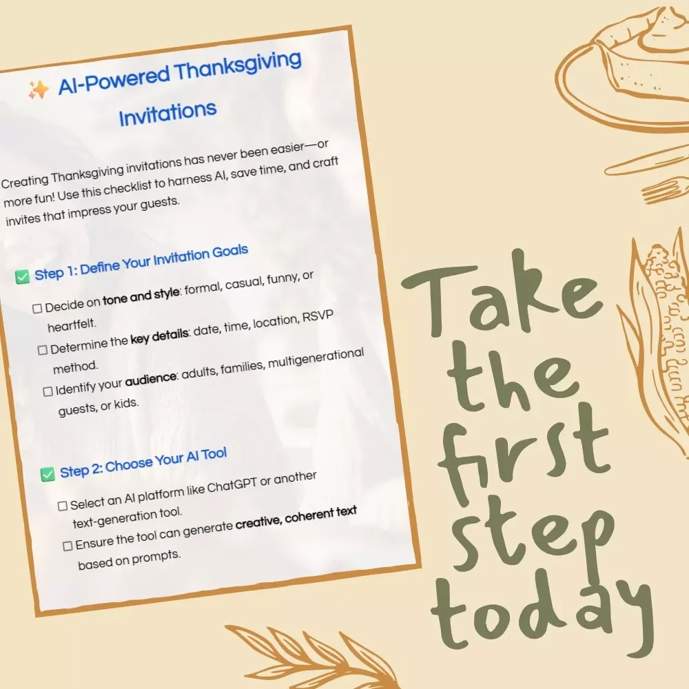 AI-Powered Thanksgiving Invitations | Printable Digital Checklist & Guide | Tips for Using AI to Write Thanksgiving Invitations | Holiday Planning eBook for Creative Hosts