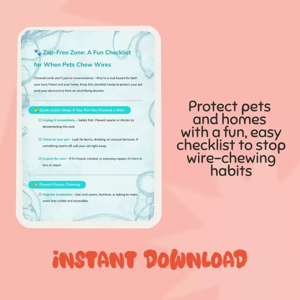 Zap-Free Zone: A Fun Checklist for When Pets Chew Wires | Pet Safety Digital Download | Printable What to Do When Pets Chew Wires Guide for Dog & Cat Owners
