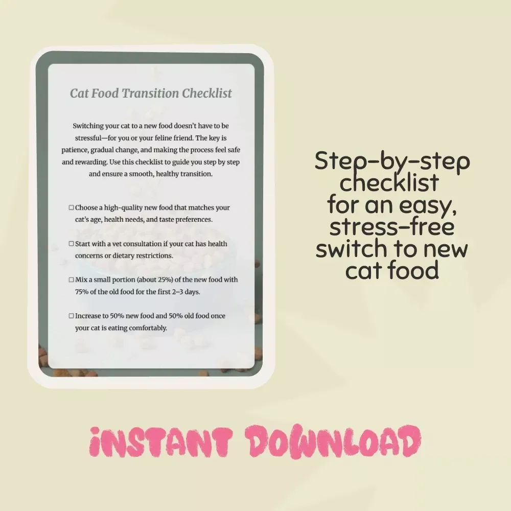 Cat Food Transition Checklist | Printable Pet Feeding Guide | Digital Download | Best Way to Switch a Cat to New Food Without Stress