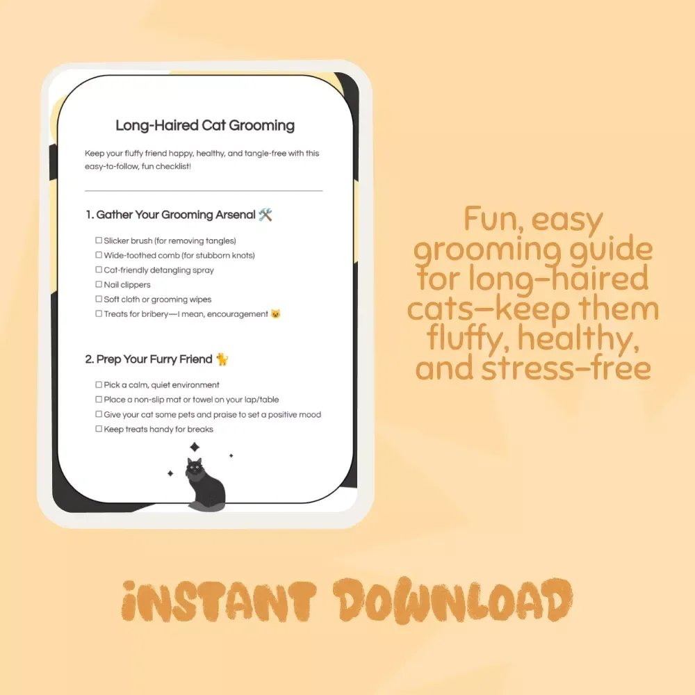 Long-Haired Cat Grooming Checklist | Digital Download for Cat Lovers | Best Way to Groom a Long-Haired Cat | Printable Pet Care Guide for Fluffy Cats