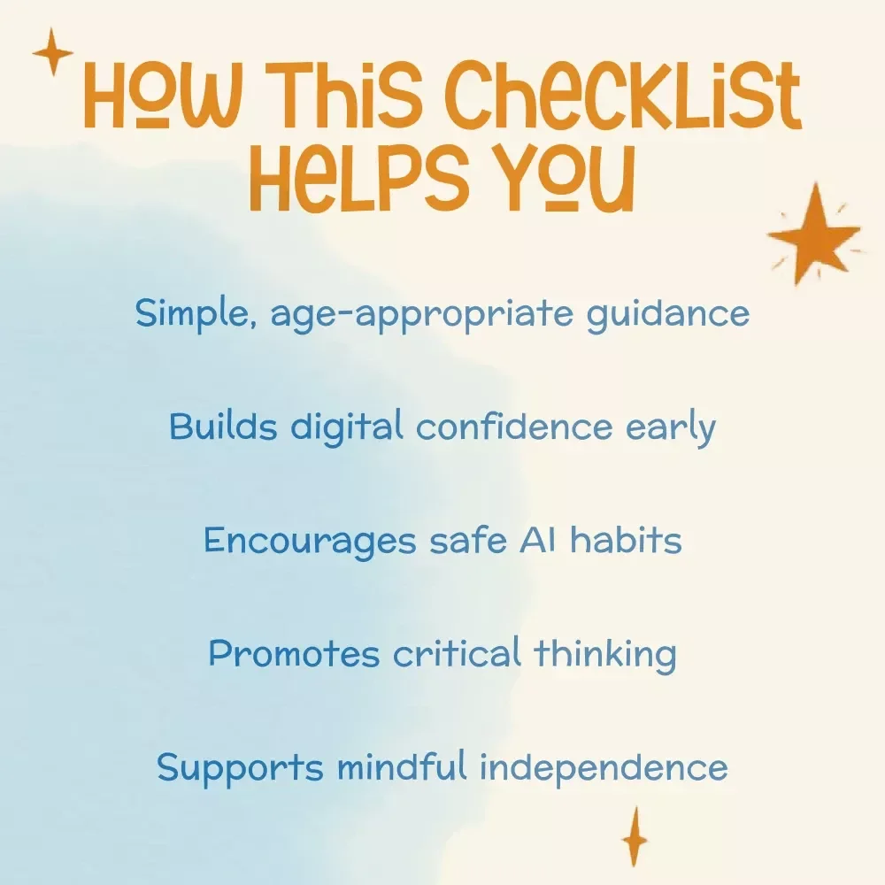 Smart Start: Kids & AI Safety Checklist | Digital Download Guide for Parents | When Should Kids Start Learning to Use AI Safely | Printable Family Tech Education Resource
