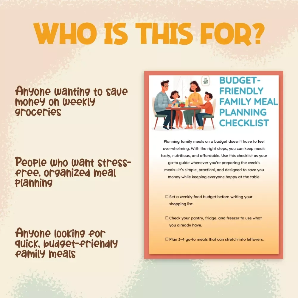 Budget-Friendly Family Meal Planning Checklist | Printable Digital Download | Weekly Meal Planner Guide for Families on a Budget | Money-Saving eBook & Checklist