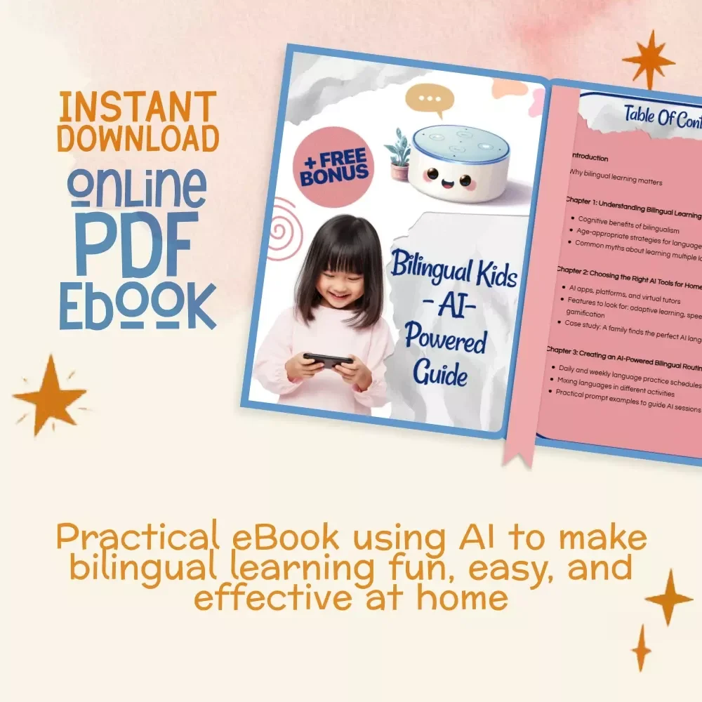 Bilingual Kids – AI-Powered Guide | eBook for Parents | Digital Download | How to Use AI for Bilingual Learning at Home | Language Acquisition, Family Learning, Checklists & Activities