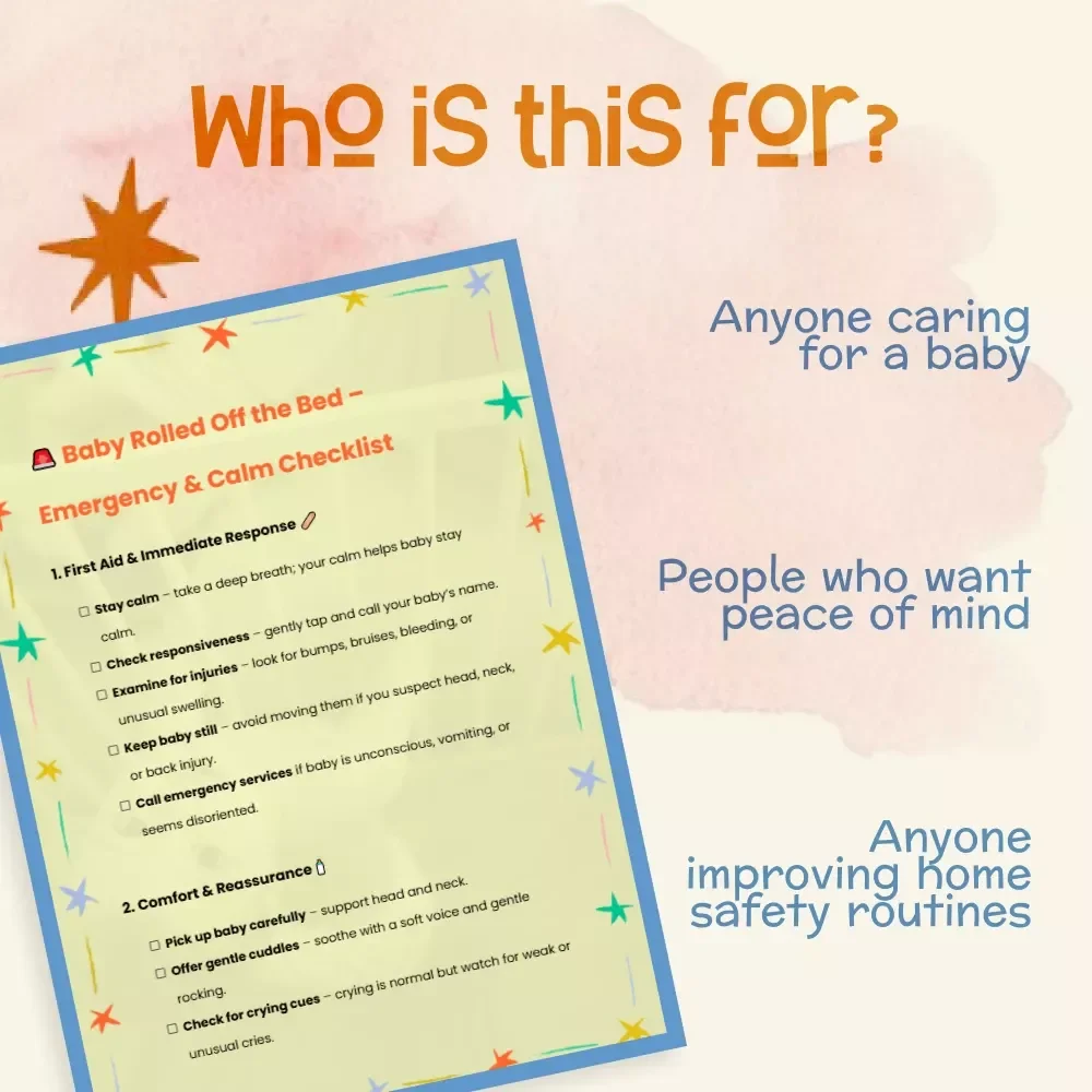 Baby Rolled Off the Bed – Emergency & Calm Checklist | What to Do When Baby Rolls Off Bed | Instant Digital Download | Printable First Aid & Safety Guide for New Parents