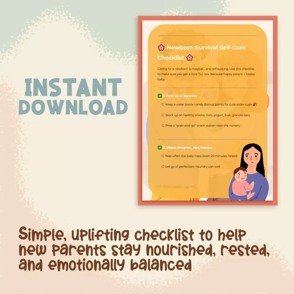 Newborn Survival Self-Care Checklist | Printable Digital Download | Tips for Self-Care with Newborn at Home