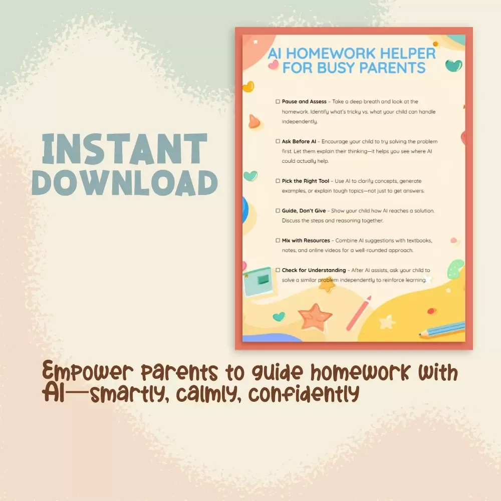 AI Homework Helper for Busy Parents | Printable Checklist | Digital Download | “Can I Use AI When My Kid’s Homework Is Too Hard?” Guide for Smarter Family Study Time