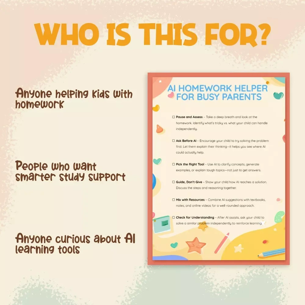 AI Homework Helper for Busy Parents | Printable Checklist | Digital Download | “Can I Use AI When My Kid’s Homework Is Too Hard?” Guide for Smarter Family Study Time