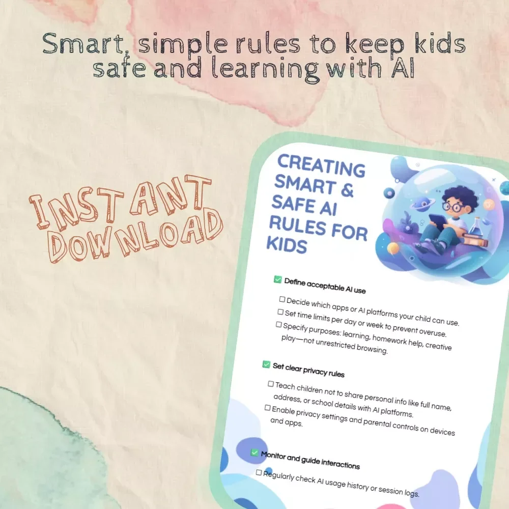 Creating Smart & Safe AI Rules for Kids | Digital Parenting Guide | eBook Checklist for Safe AI Use, Privacy, Screen Time & Learning