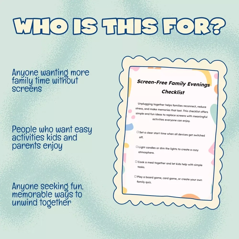 Screen-Free Family Evenings Checklist | Digital Download | Printable Guide for Parents, Kids & Families | Fun Screen-Free Activities, eBook & Family Connection Tool