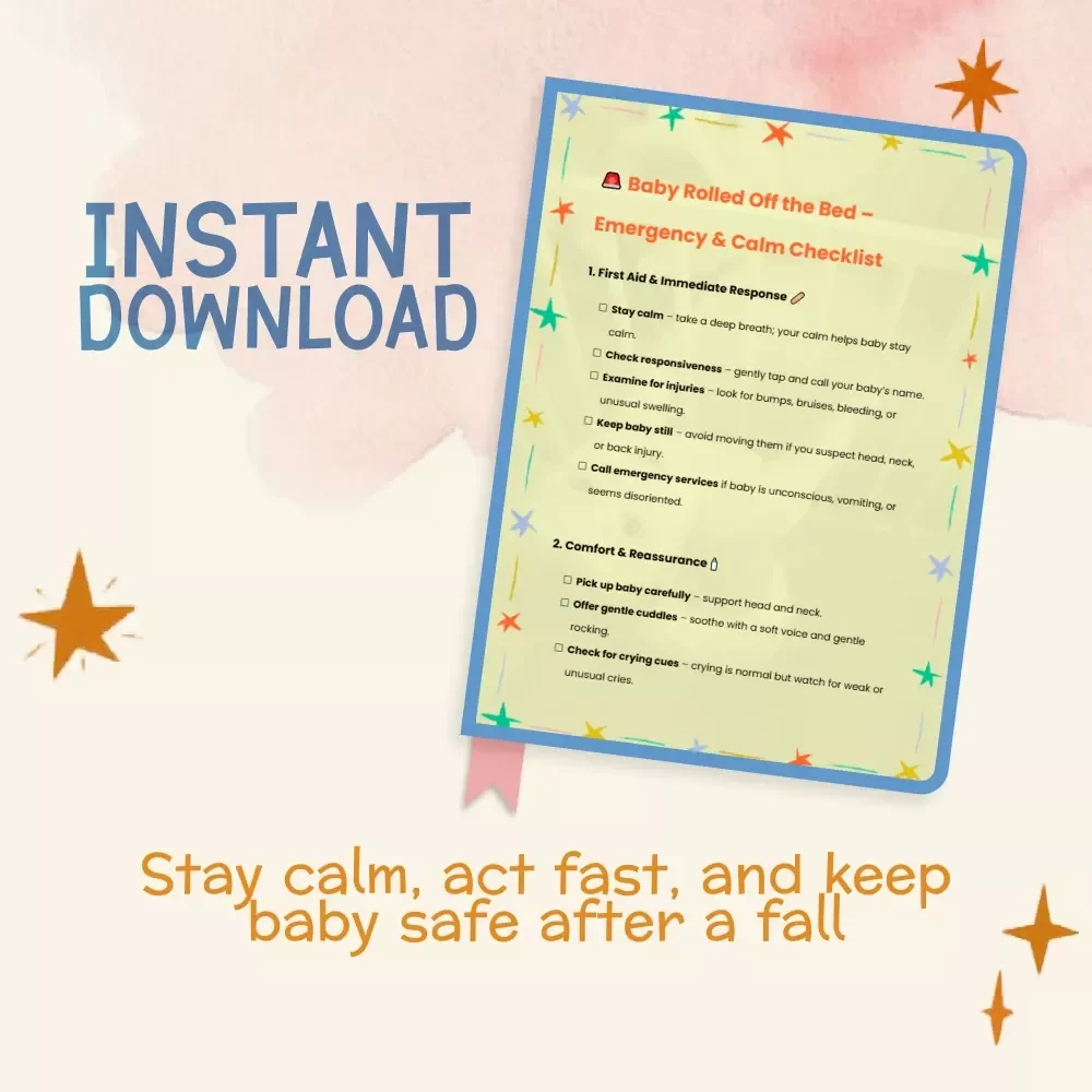 Baby Rolled Off the Bed – Emergency & Calm Checklist | What to Do When Baby Rolls Off Bed | Instant Digital Download | Printable First Aid & Safety Guide for New Parents