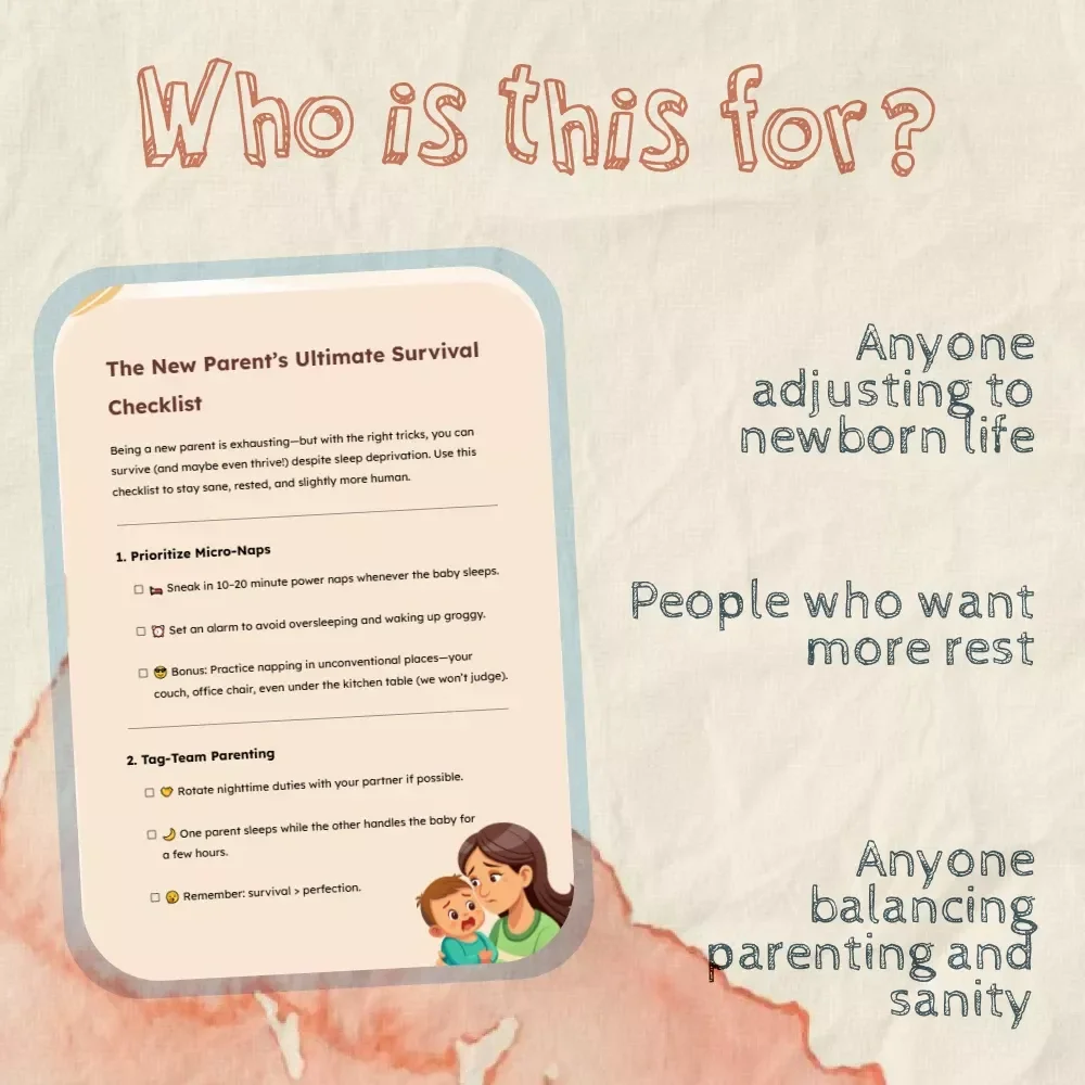 The New Parent’s Ultimate Survival Checklist | Digital Download for Sleep-Deprived Moms & Dads | Best Way to Manage Sleep Deprivation as New Parent | Printable Self-Care & Sleep Guide