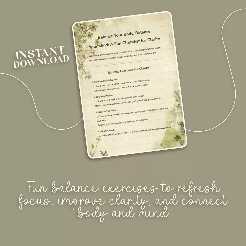 Balance Your Body, Balance Your Mind: A Fun Checklist for Clarity | Digital Download Wellness Checklist | Balance Exercises for Clarity & Focus