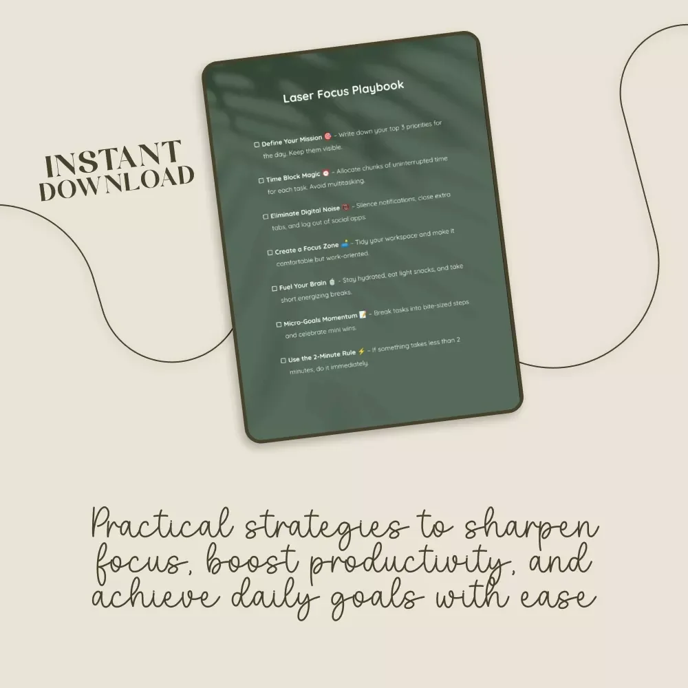 Laser Focus Playbook – Printable Productivity Checklist for How to Stay Focused and Avoid Distractions