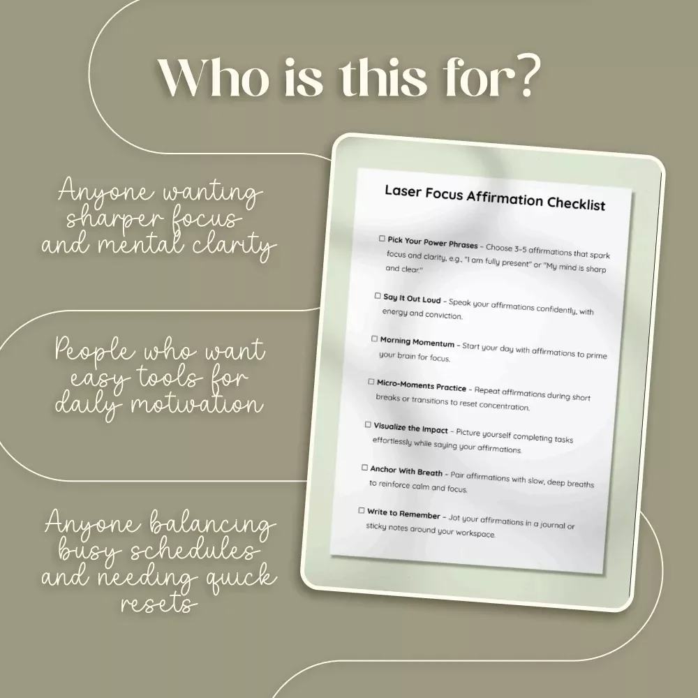 Laser Focus Affirmation Checklist | How to Use Affirmations to Boost Concentration | Printable Digital Download