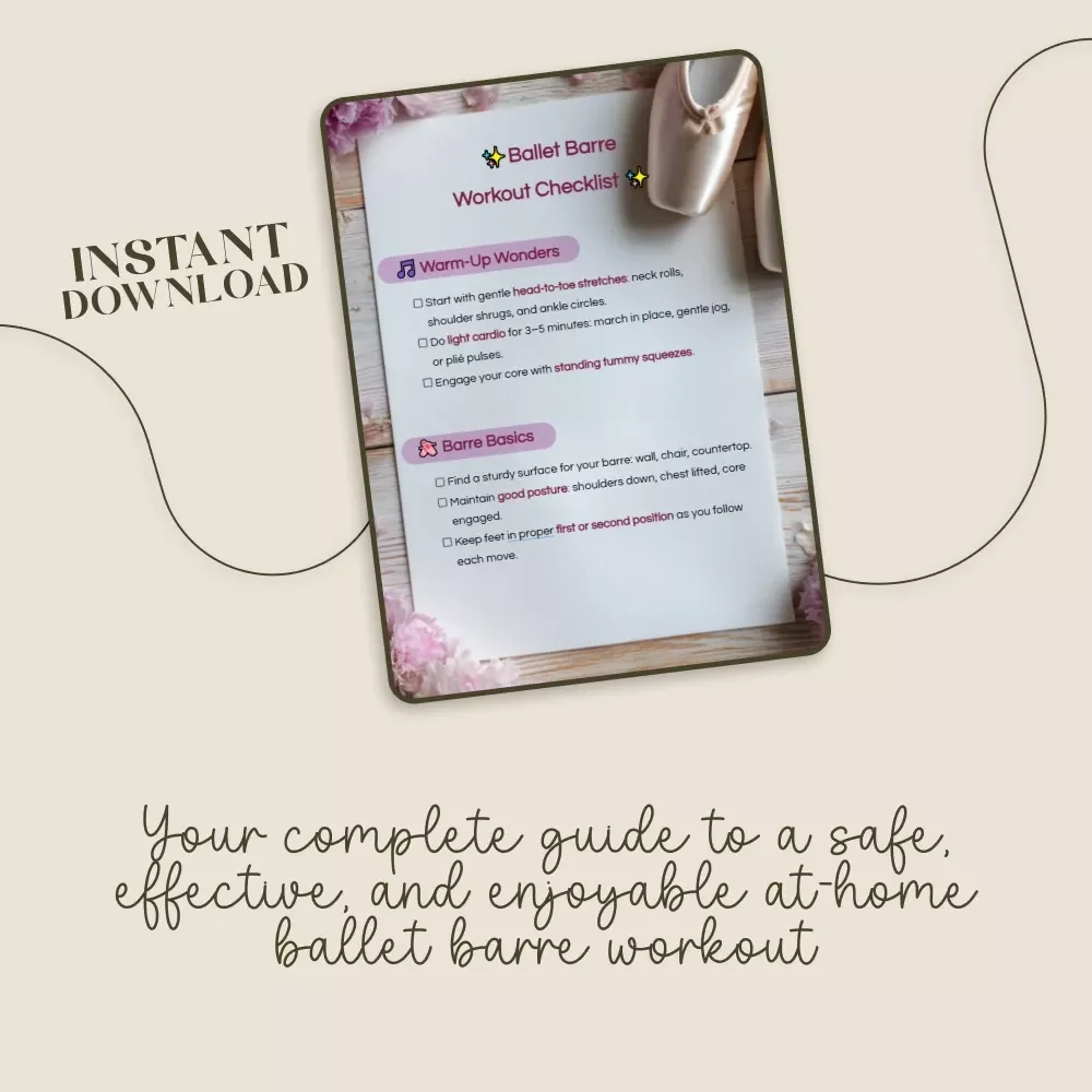 Ballet Barre Workout Checklist | Printable PDF Guide for Home Barre Exercises | Strength & Flexibility Training