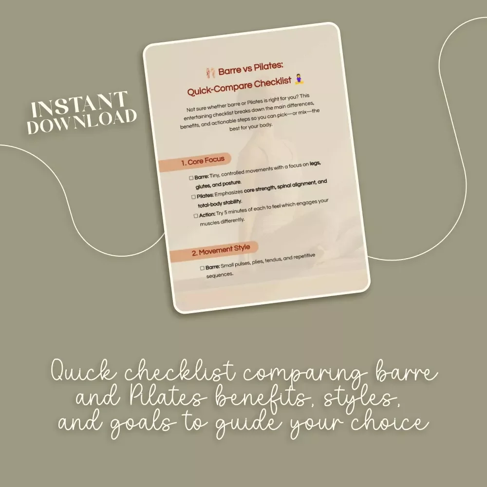 Barre vs Pilates: Quick-Compare Checklist | Digital Download Fitness Guide, eBook, Printable Fitness Comparison Chart for Barre vs Pilates Beginners