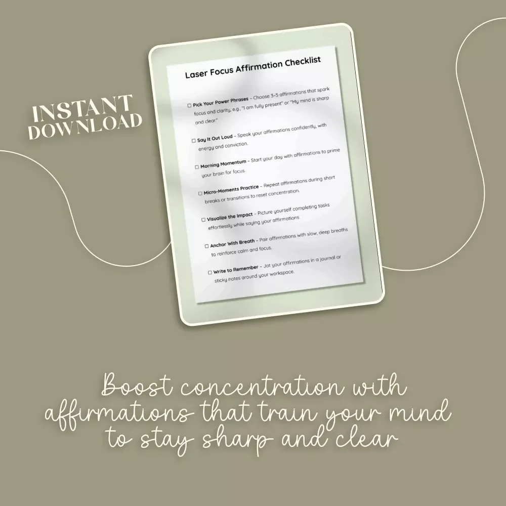 Laser Focus Affirmation Checklist | How to Use Affirmations to Boost Concentration | Printable Digital Download