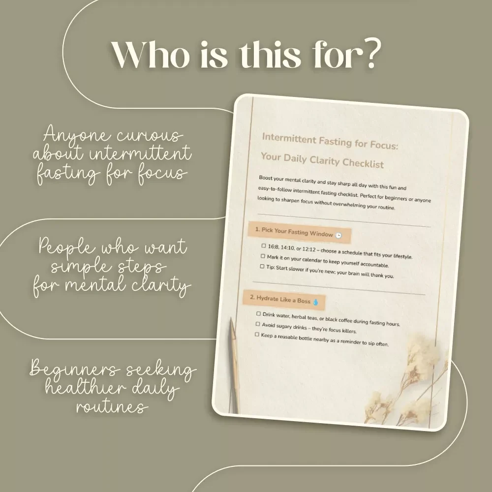 Intermittent Fasting for Focus: Your Daily Clarity Checklist | Digital Download Wellness Guide | Intermittent Fasting for Focus PDF Checklist for Beginners & Productivity
