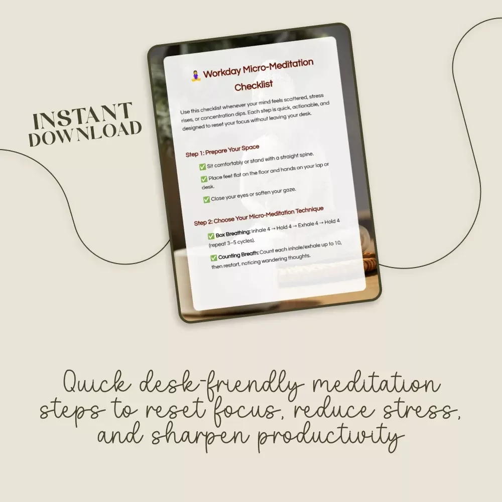 Workday Micro-Meditation Checklist | Digital Download for Focus & Clarity | Breath-Based Micro-Meditations During Work