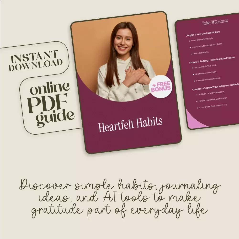 Heartfelt Habits | Gratitude Guide, Daily Gratitude Journal Ideas, Creative Gratitude Practice, AI Prompts for Reflection | Digital Download eBook & Checklist