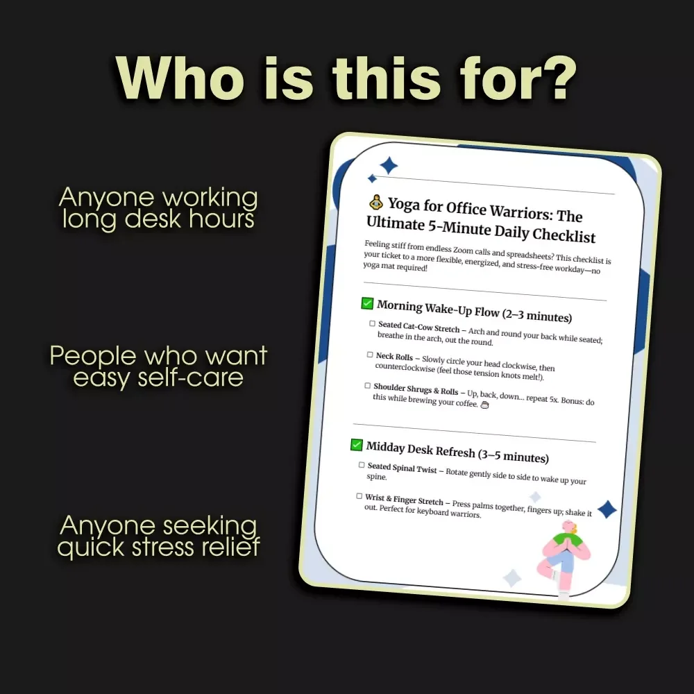 Yoga for Office Warriors: The Ultimate 5-Minute Daily Checklist | Digital Download for Busy Professionals | Printable Yoga for Office Workers Guide