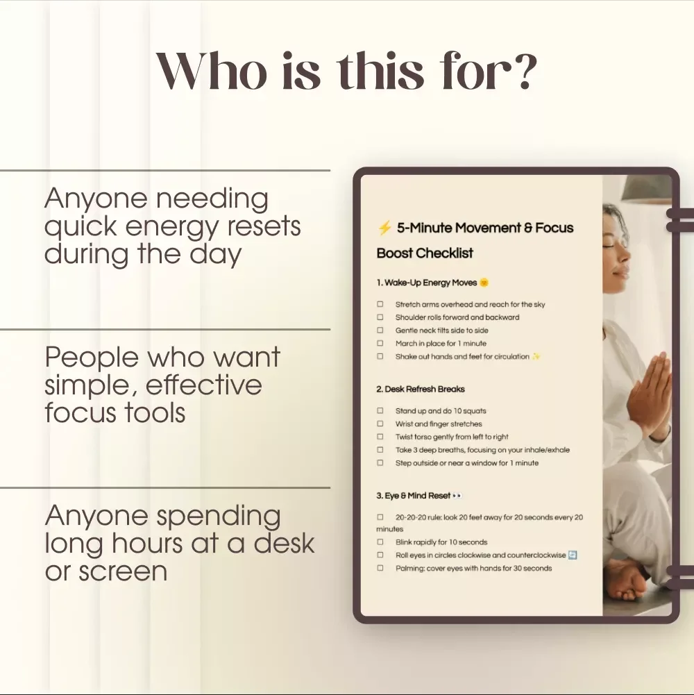 5-Minute Movement & Focus Boost Checklist | Digital Wellness Guide | Instant Download eBook for Energy, Productivity & Mindfulness