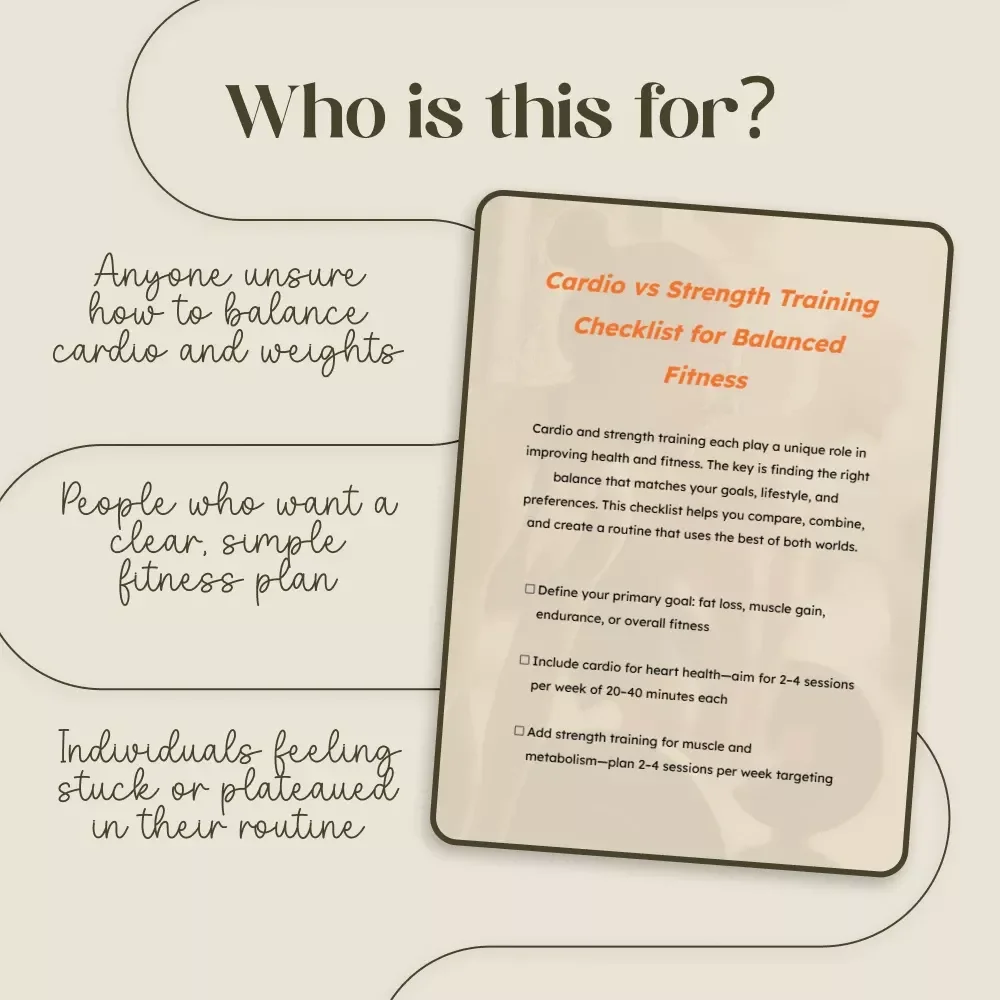 Cardio vs Strength Training Checklist for Balanced Fitness | Ultimate Workout Balance Guide | HIIT & Strength Training Planner | Fitness Goals Digital Download