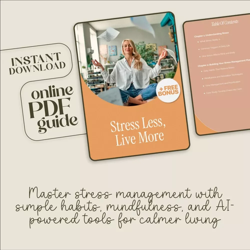 Stress Less, Live More | Digital Download Guide, eBook & Checklist for Stress Management, Mindfulness, Time Management, and AI Tools