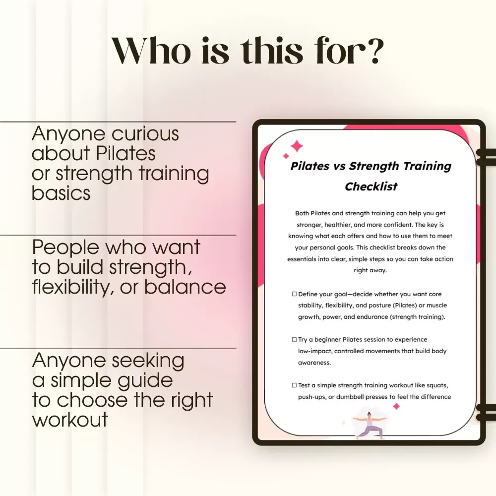 Pilates vs Strength Training Checklist | Digital Fitness Guide for Goals, Routines & Balanced Workouts