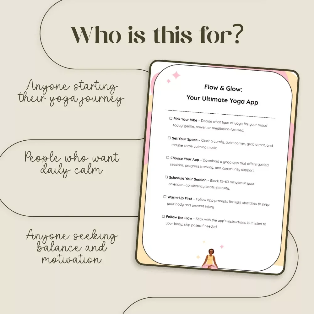 Flow & Glow: Your Ultimate Yoga App Checklist | Digital Download for Mindful Living, Yoga Routine Planning & Daily Wellness | Perfect Companion for All Yoga Apps