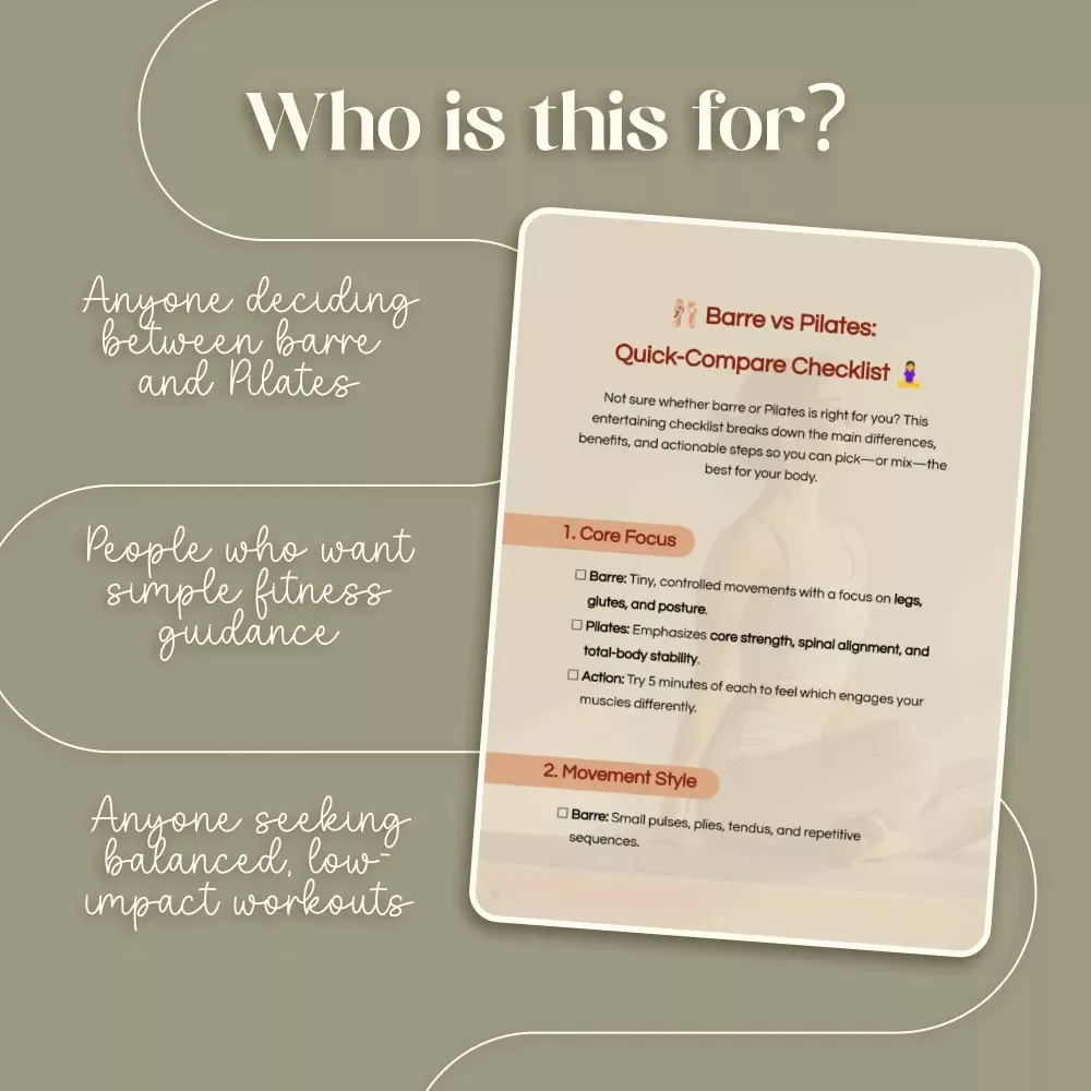 Barre vs Pilates: Quick-Compare Checklist | Digital Download Fitness Guide, eBook, Printable Fitness Comparison Chart for Barre vs Pilates Beginners