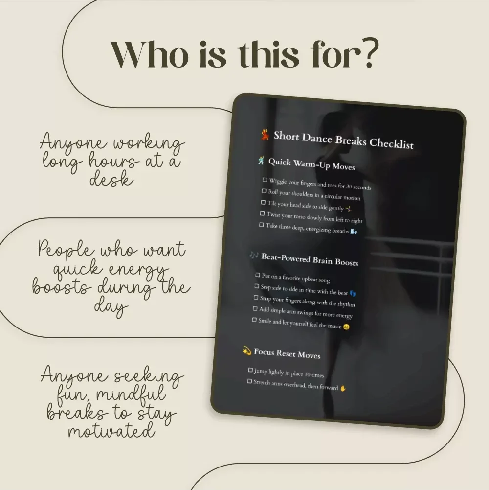Short Dance Breaks Checklist | Digital Download Guide for Quick Warm-Up Moves, Beat-Powered Brain Boosts & Focus Reset Mini-Dances | Printable eBook for Energy, Joy & Productivity