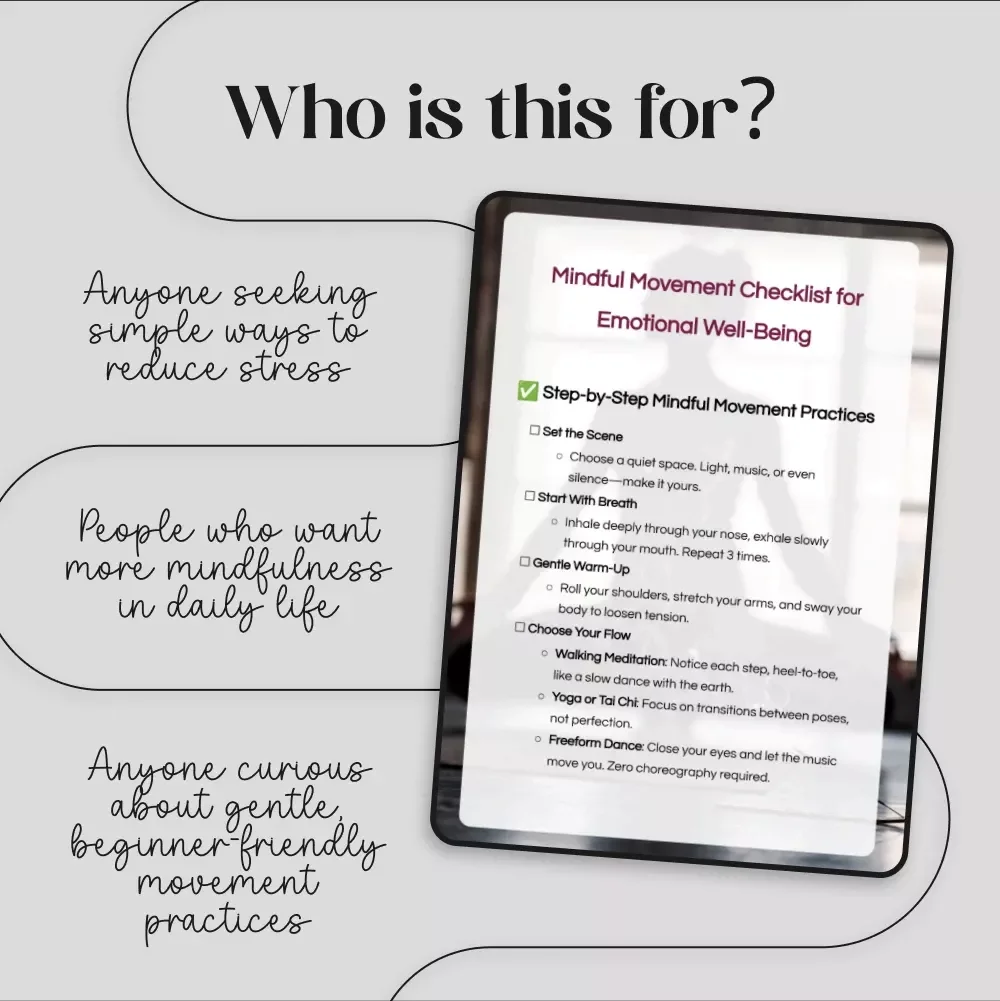 Mindful Movement Checklist for Emotional Well-Being | Digital Download Guide, eBook & Printable Self-Care Resource for Stress Relief, Meditation, Yoga, and Inner Peace