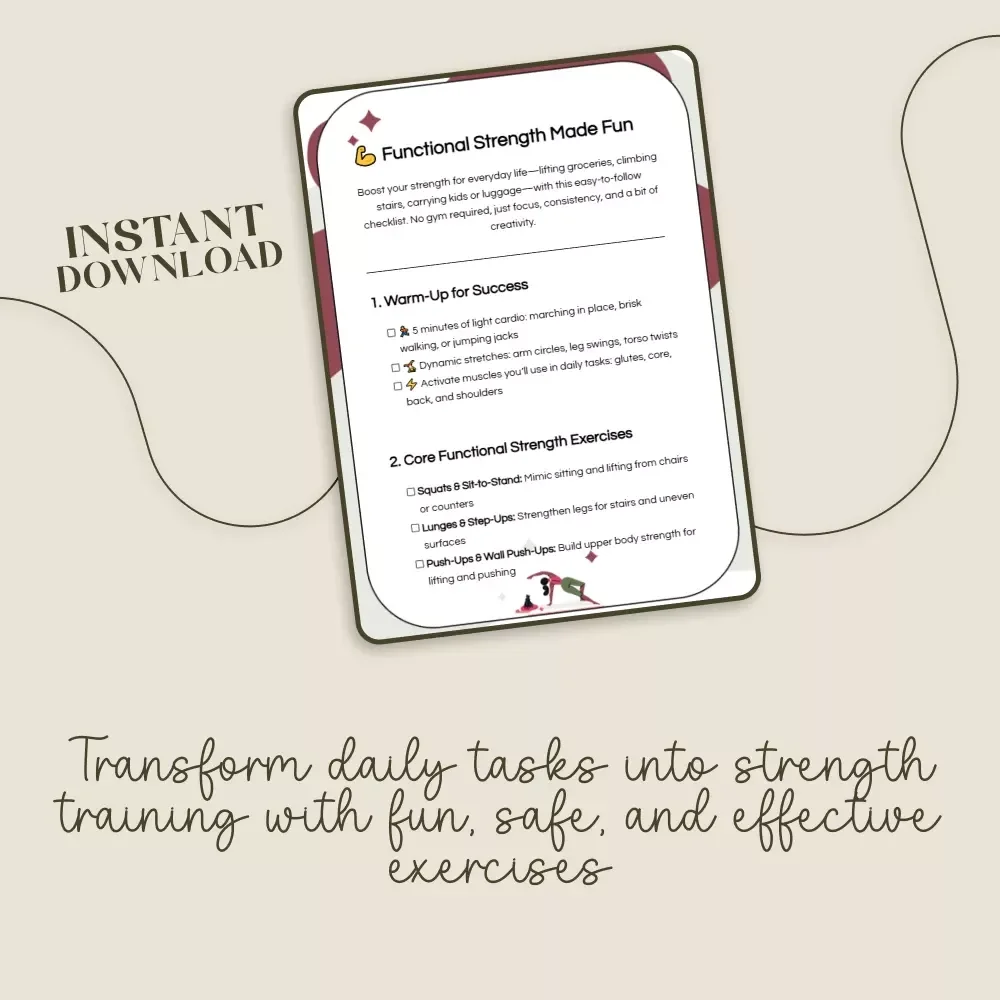 Functional Strength Made Fun: Digital Download Checklist | Functional Strength for Daily Tasks | Home Workout Guide, Senior Fitness, Strength Training PDF