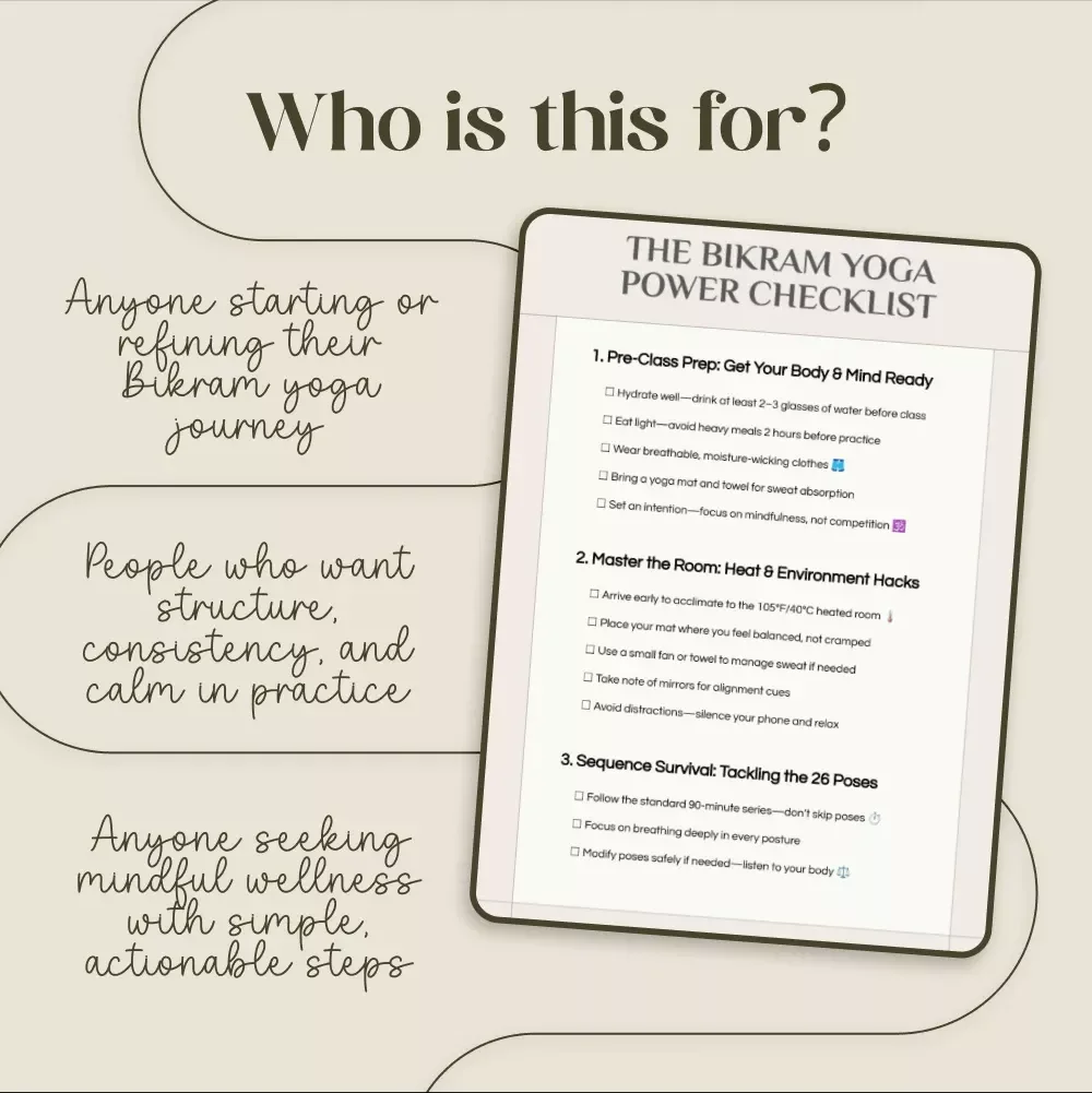The Bikram Yoga Power Checklist | Hot Yoga Prep Guide | Bikram Yoga Digital Download | Yoga Class Printable | Mindful Fitness Planner | Yoga eBook for Beginners & Enthusiasts
