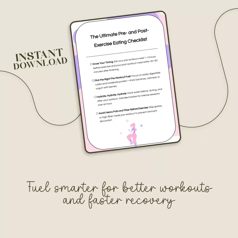 The Ultimate Pre- and Post- Exercise Eating Checklist | Printable Fitness Nutrition Guide | What to Eat Before and After Exercise | Workout Meal Planner