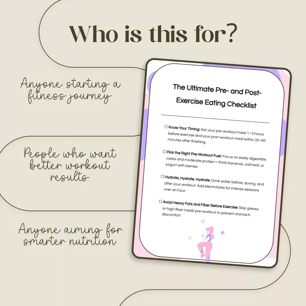 The Ultimate Pre- and Post- Exercise Eating Checklist | Printable Fitness Nutrition Guide | What to Eat Before and After Exercise | Workout Meal Planner