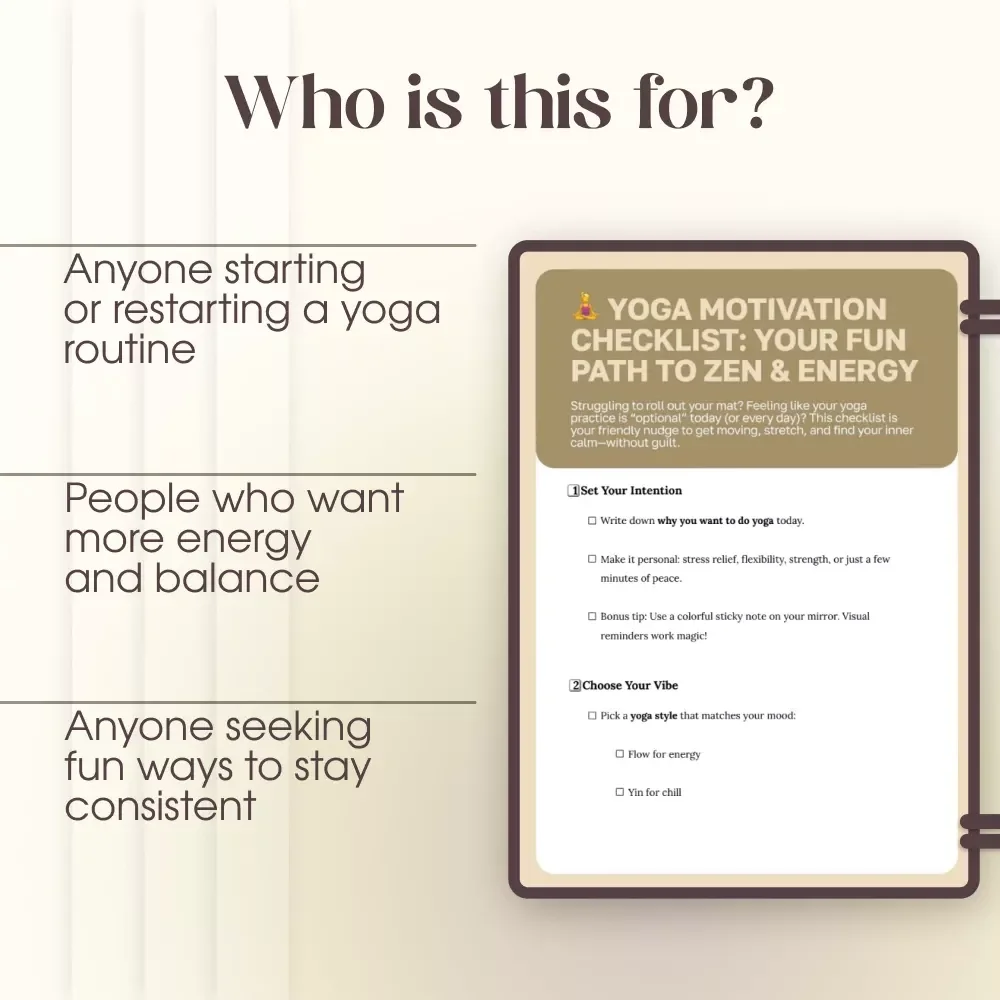 Yoga Motivation Checklist: Your Fun Path to Zen & Energy | Printable Digital Guide on How to Get Motivated to Do Yoga, Boost Energy & Build a Consistent Routine