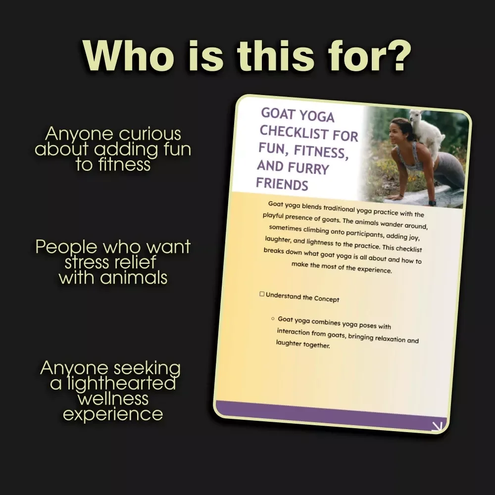 Goat Yoga Checklist for Fun, Fitness, and Furry Friends | Digital Download Guide to What is Goat Yoga, Stress Relief, and Playful Practice Tips