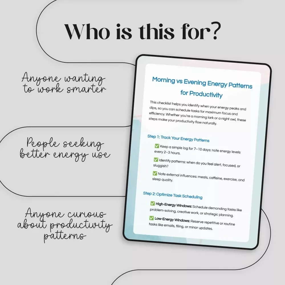 Morning vs Evening Energy Patterns for Productivity Checklist | Digital Download Guide to Boost Focus, Efficiency & Task Scheduling