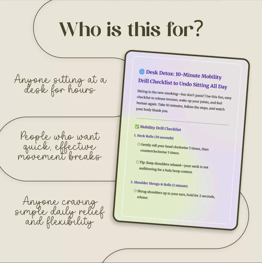 Desk Detox: 10-Minute Mobility Drill Checklist to Undo Sitting All Day | Digital Download | Office Stretching Guide | Printable Mobility Routine | Wellness eBook for Desk Workers