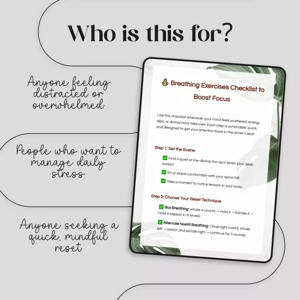 Breathing Exercises Checklist to Boost Focus | Digital Download | Breathing Exercises to Reset Attention