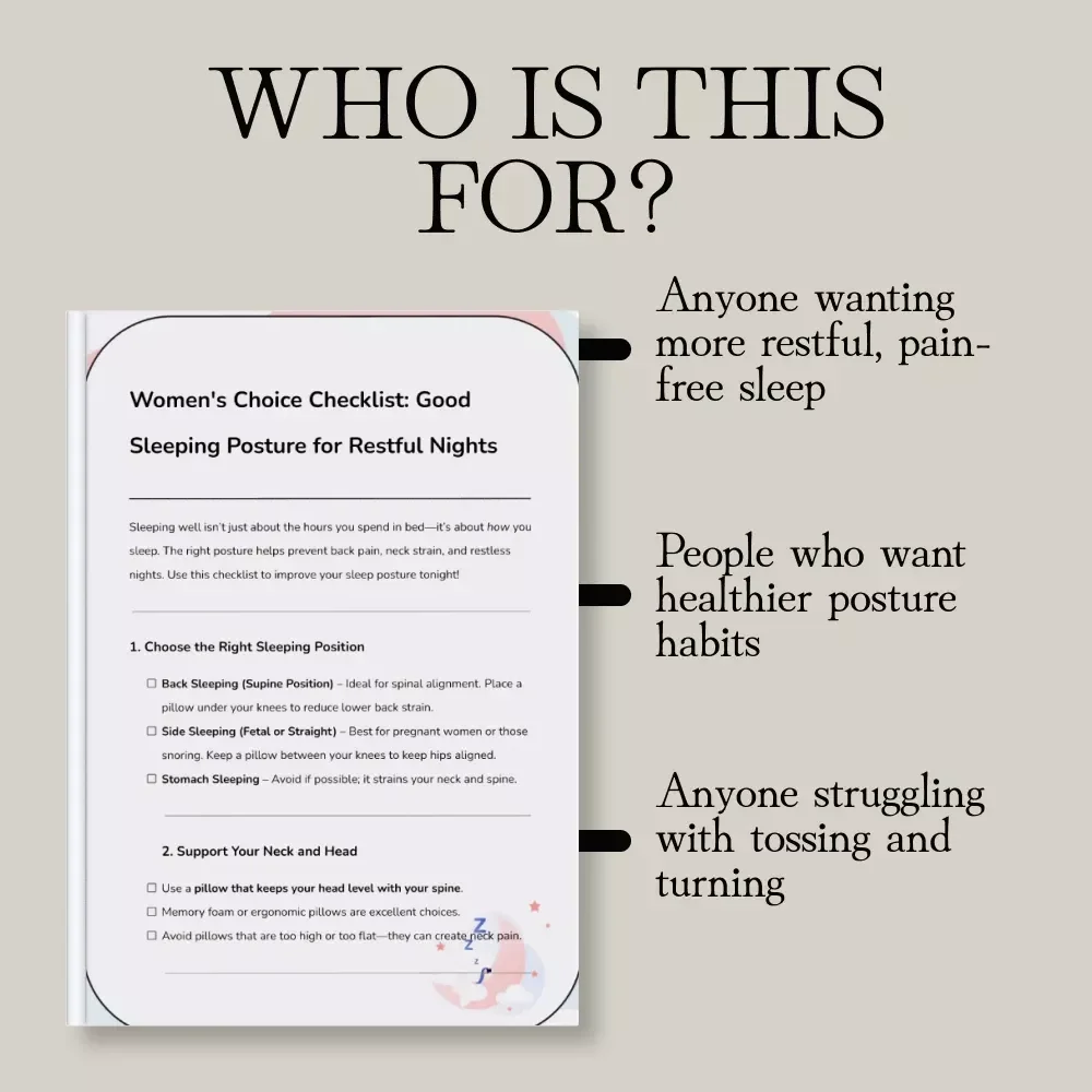 Women's Choice Checklist: Good Sleeping Posture for Restful Nights | Digital Download Sleep Guide, eBook & Printable Checklist for Better Sleep, Neck & Back Support