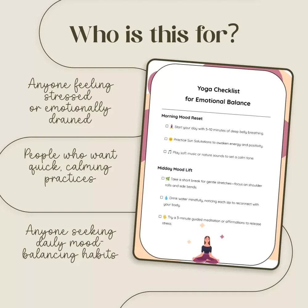 Yoga Checklist for Emotional Balance | Digital Download | Yoga for Emotional Balance and Mood Swings | Mindful Poses & Daily Practices for Stress Relief, Gratitude & Inner Calm