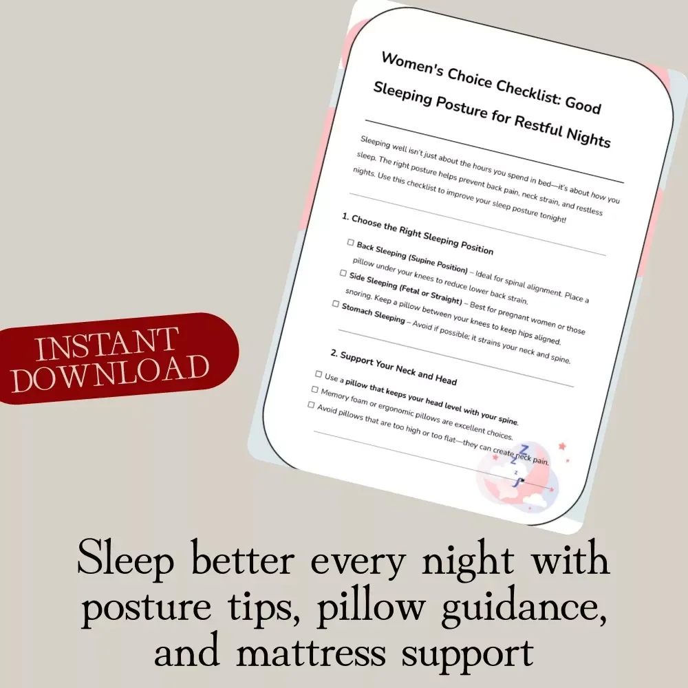 Women's Choice Checklist: Good Sleeping Posture for Restful Nights | Digital Download Sleep Guide, eBook & Printable Checklist for Better Sleep, Neck & Back Support
