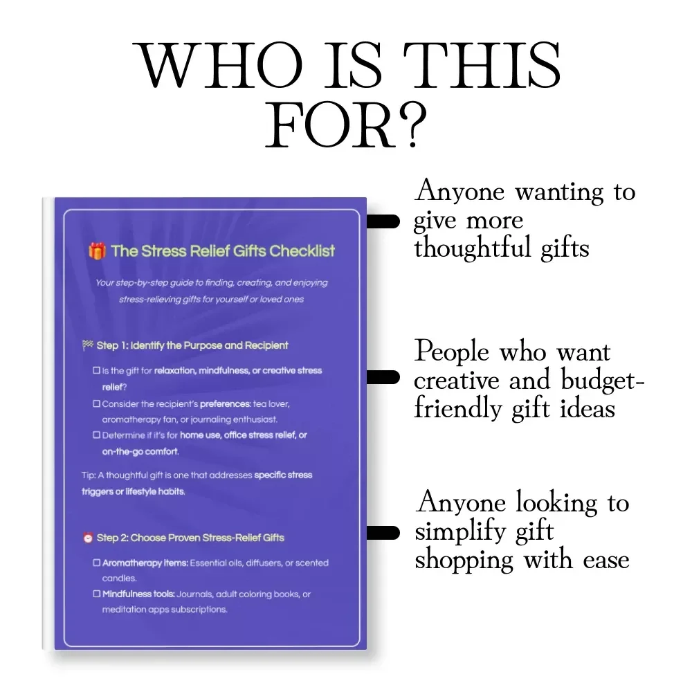 The Stress Relief Gifts Checklist | Digital Download Guide for Relaxation, Mindfulness, Aromatherapy, Self-Care, and Creative Stress-Relief Gift Ideas