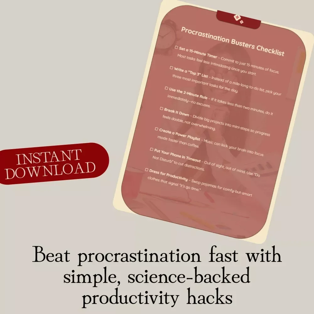 Procrastination Busters Checklist | Printable Productivity Guide | Digital Download To Beat Procrastination & Stay Focused