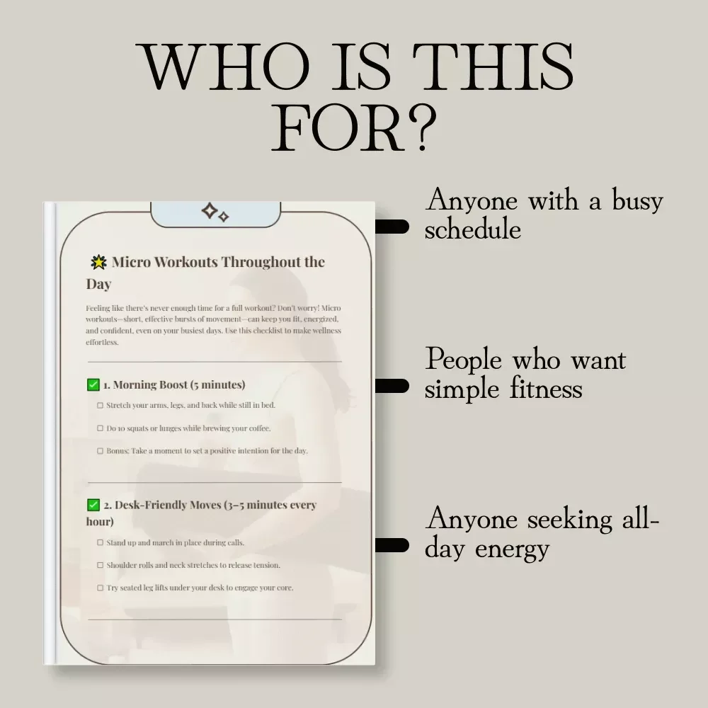 Micro Workouts Throughout the Day | Printable Fitness Checklist | Daily Energy Boost Routines for Home, Office & On-the-Go Wellness
