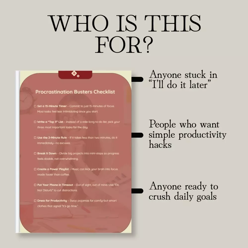 Procrastination Busters Checklist | Printable Productivity Guide | Digital Download To Beat Procrastination & Stay Focused
