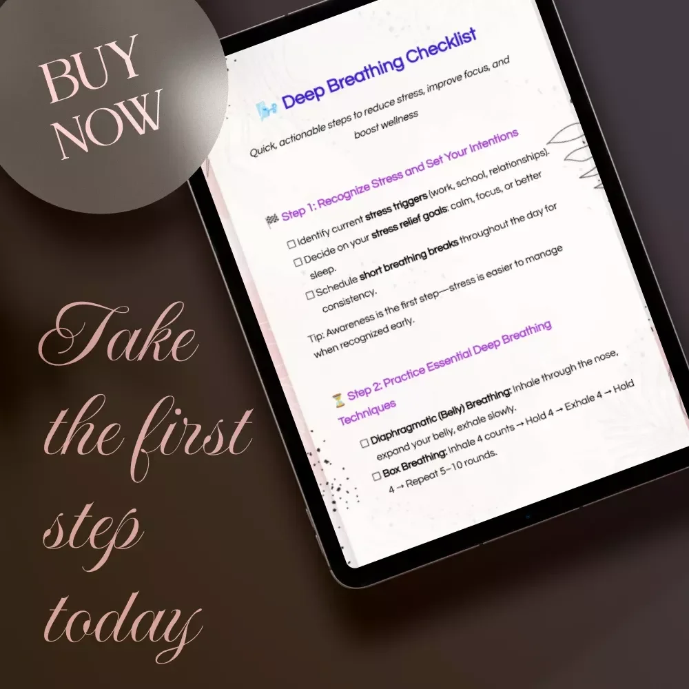 Deep Breathing Checklist | Stress Relief Guide | Printable Digital Download for Relaxation, Anxiety Relief, Better Sleep, Focus & Mindfulness